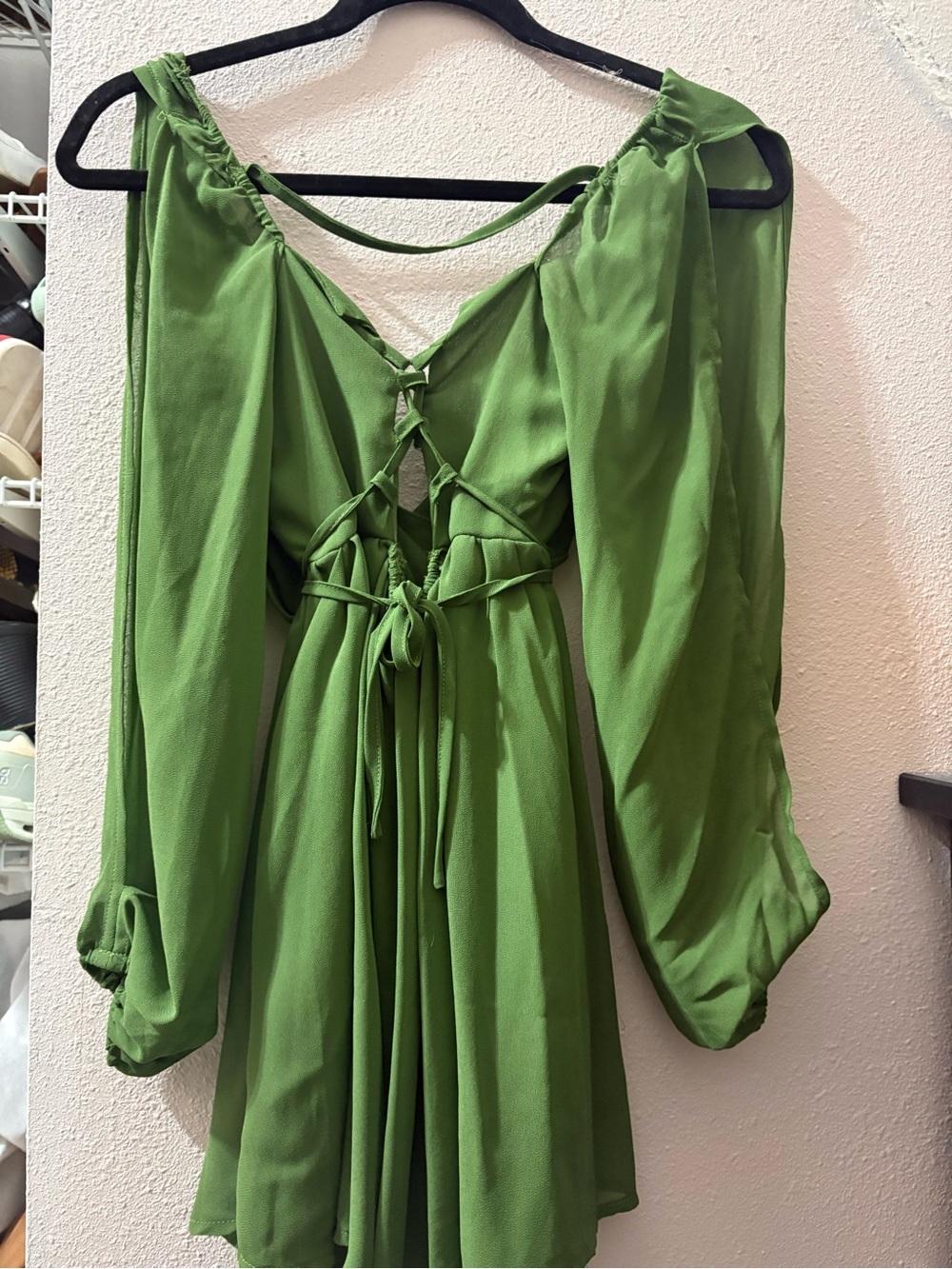 Green Tie-Back Long Sleeve Mini Dress